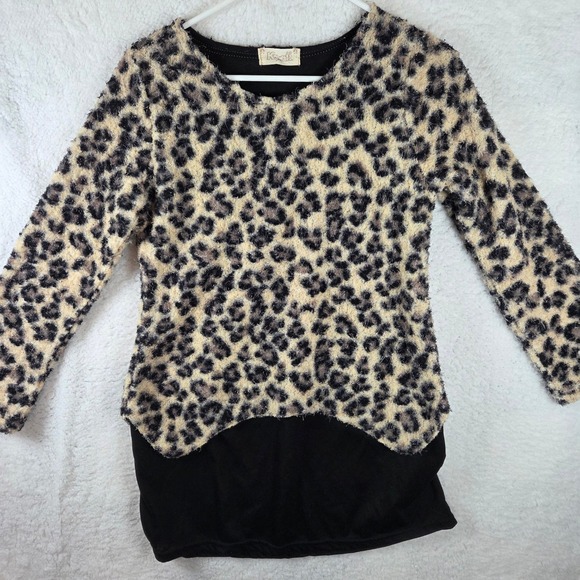 Kawaiii Tops - Womens‎ Fuzzy Leopard Print Long Sleeve Tunic Top Black Overlay